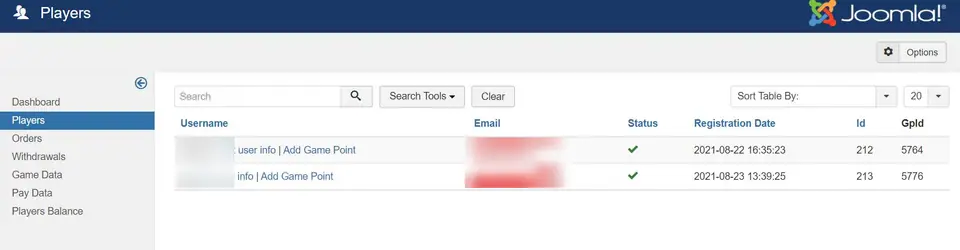 JoomSlot Players list with two accounts registered on 22 and 23 August 2021, Edit user info and Add Game Point links, e-mails and usernames blurred, Ids 212 and 213 and GpIds 5764 and 5776