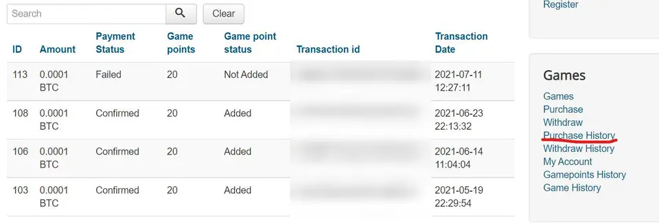 Purchase History with four orders of 0.0001 BTC for 20 game points each from May to July 2021, one Failed and Not Added, three Confirmed and Added, transaction IDs blurred