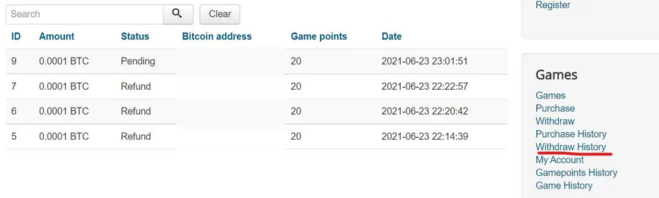 Withdraw History with four requests of 0.0001 BTC for 20 game points on 23 June 2021, one Pending and three Refund, Bitcoin address column blurred