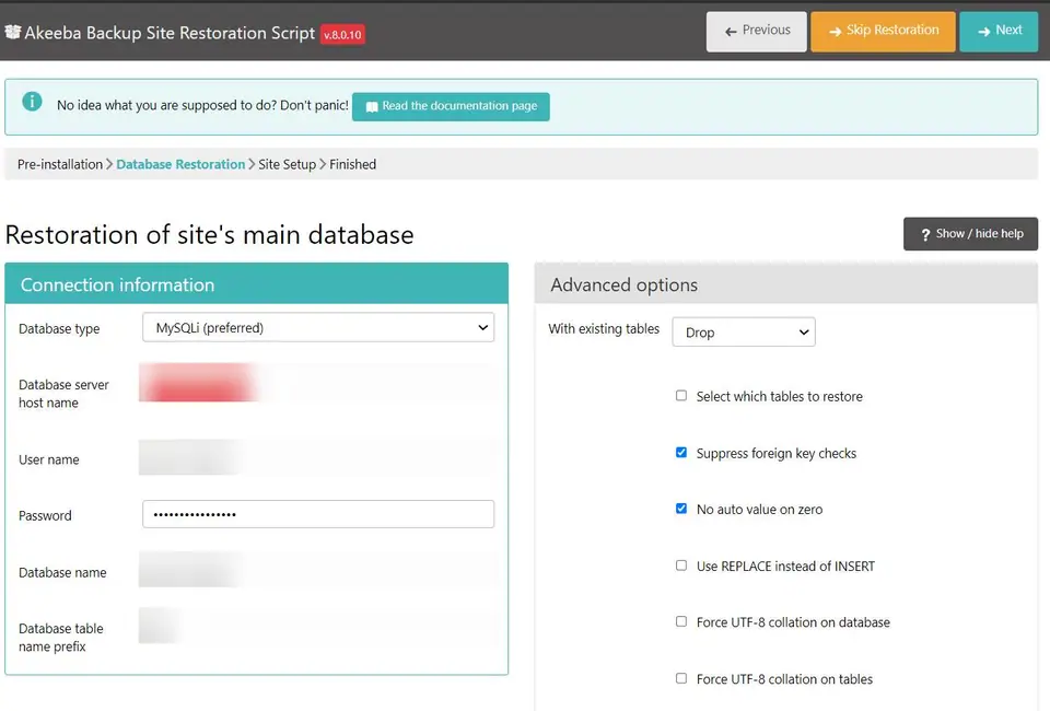 Akeeba restoration script, Restoration of site's main database: MySQLi selected, host, user and database name blurred, With existing tables set to Drop