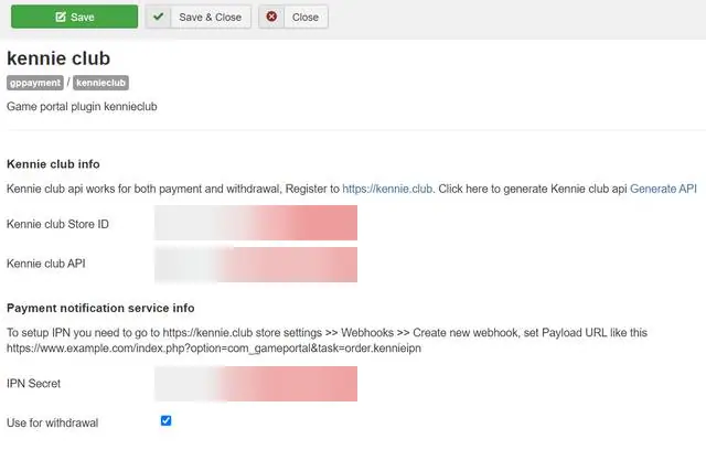 kennie club plugin settings in Joomla: Store ID, API key and IPN Secret fields blurred, a note on setting up the IPN webhook, and Use for withdrawal ticked